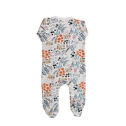 Back view of Footy Romper - Cat Lover with playful cat and floral print, cotton/lycra fabric, enclosed feet and zip closure.