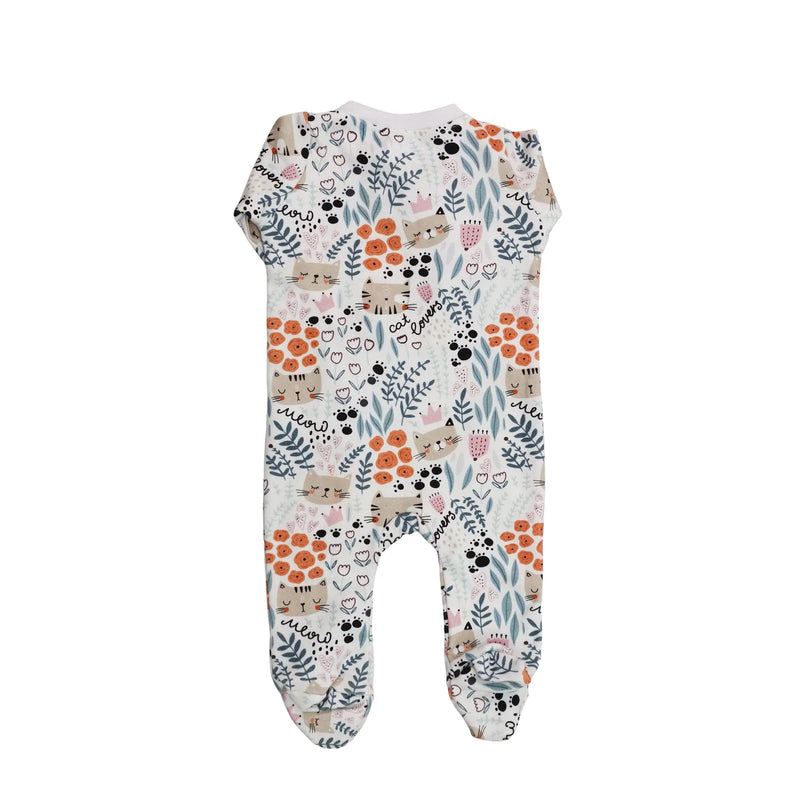 Back view of Footy Romper - Cat Lover with playful cat and floral print, cotton/lycra fabric, enclosed feet and zip closure.