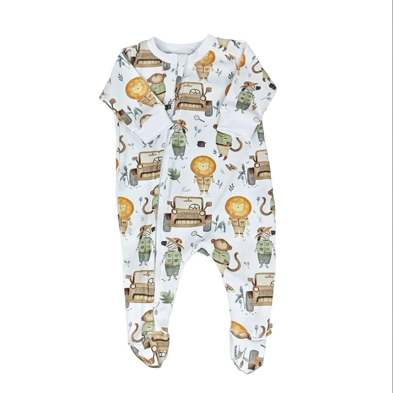A footy romper featuring a safari-themed design with lions, monkeys, jeeps, and explorers, made from a soft 95% cotton and 5% lycra blend.