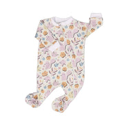 Soft cotton baby footy romper featuring pastel purple squirrel and floral print with zip closure.