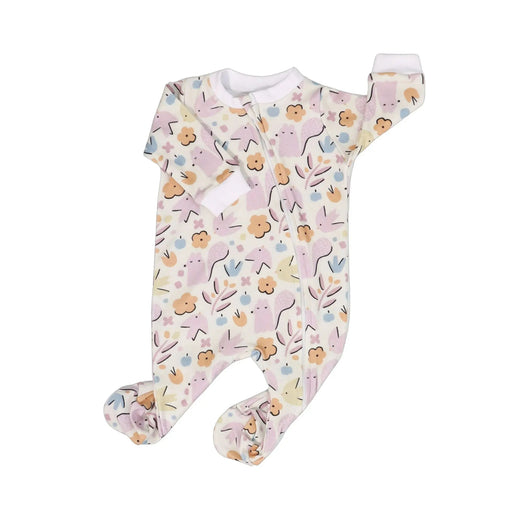 Soft cotton baby footy romper featuring pastel purple squirrel and floral print with zip closure.
