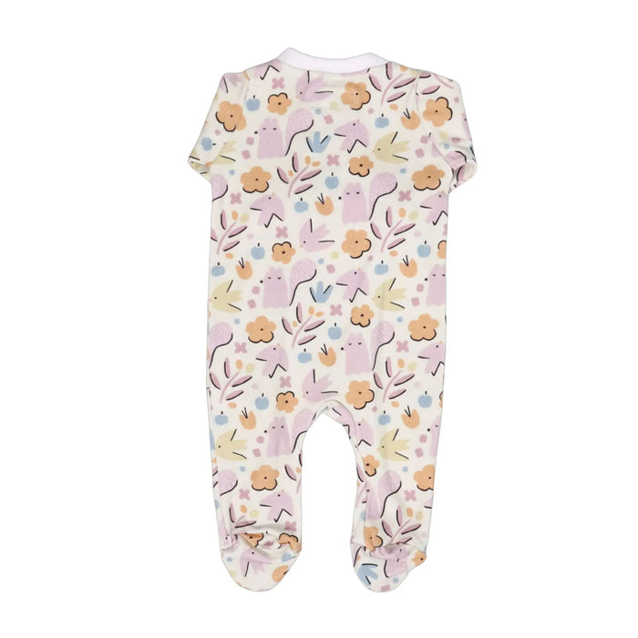 Back of soft cotton baby footy romper featuring pastel purple squirrel and floral print with zip closure.