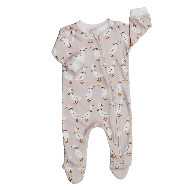 Front view of Footy Romper - Silly Goose in pink with white goose print, zip front and closed feet.