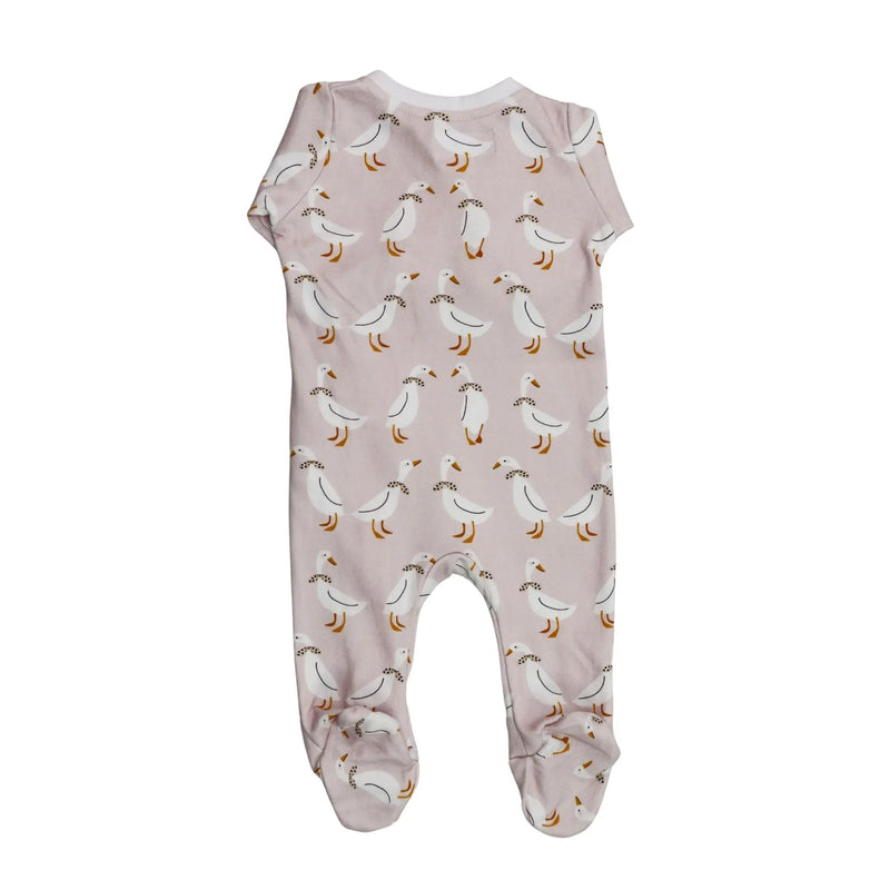 Back view of Footy Romper - Silly Goose in pink with white goose print, zip front and closed feet.