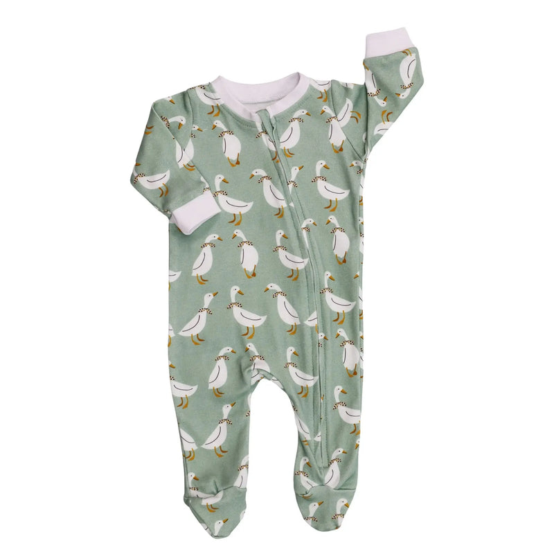 Front view of Footy Romper - Silly Goose in sage green with white goose print, full zip and built-in footies