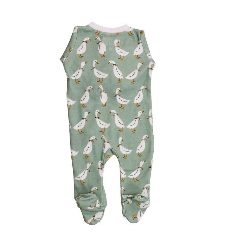 Back view of Footy Romper - Silly Goose in sage green with white goose print, full zip and built-in footies