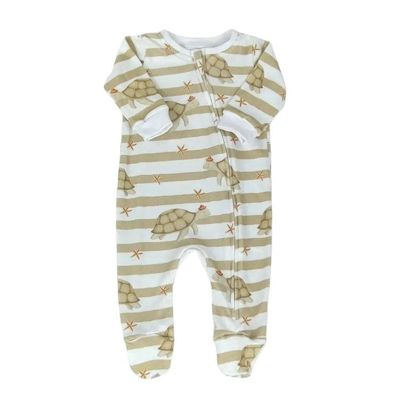 A baby footy romper featuring playful illustrations of turtles, starfish, and seashells on beige and white striped fabric. Includes built-in footies and a full-length zip for convenience.
