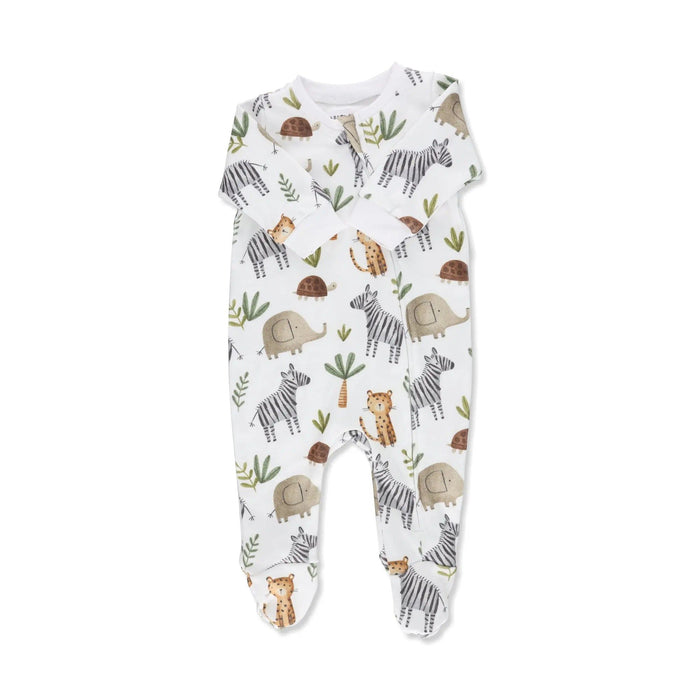 Front view of a White footy romper featuring a playful Zebra Party print with zebras, elephants, cheetahs, and tortoises from BabaFishees