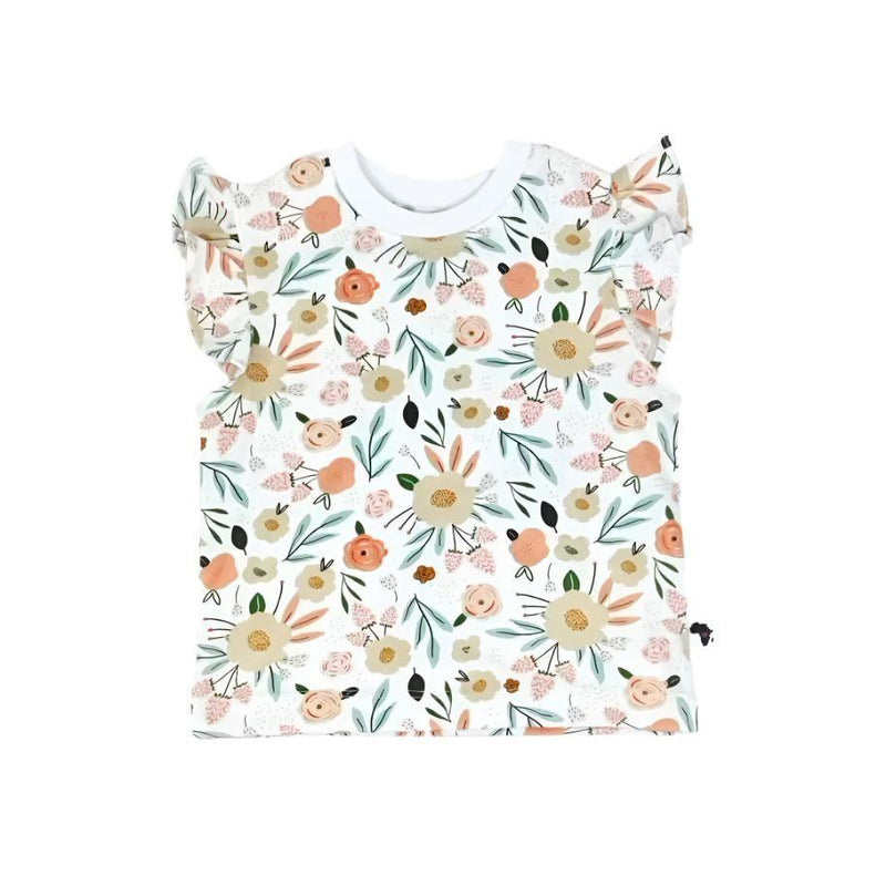 Frilly Arm Tee Shirt – Oh So Pretty with peach, blush, and cream floral print and ruffled sleeves.