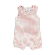 Front view of a frilly neck romper with a classic gingham print in a dusty pink from BabaFishees