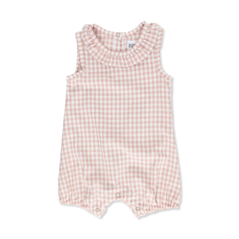 Front view of a frilly neck romper with a classic gingham print in a dusty pink from BabaFishees