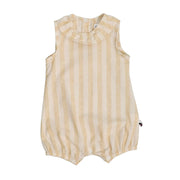 Baby frilly neck romper - yellow and cream stripes, sleeveless with bottom snaps.