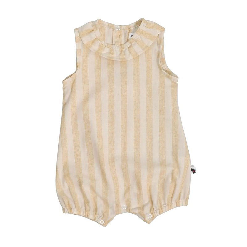 Baby frilly neck romper - yellow and cream stripes, sleeveless with bottom snaps.