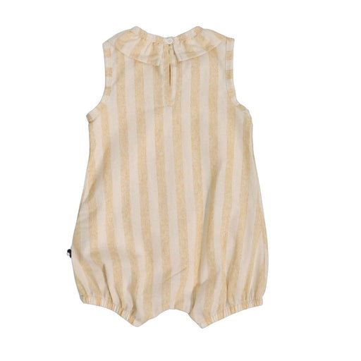 Back of Baby frilly neck romper - yellow and cream stripes, sleeveless with bottom snaps.