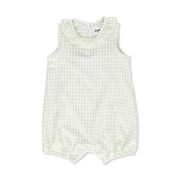Front view of a frilly neck romper with a classic gingham print in