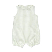 Back view of a frilly neck romper with a classic gingham print in green from BabaFishees
