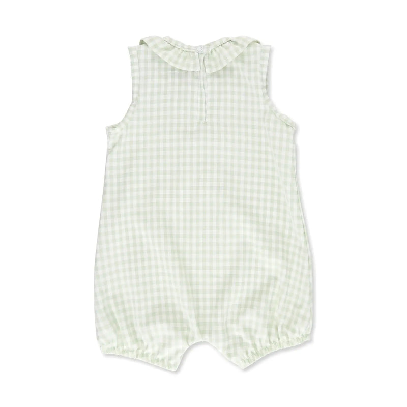 Back view of a frilly neck romper with a classic gingham print in green from BabaFishees
