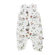 Front view of  a Baby Henley Romper in white with hand-drawn safari animal prints, including elephants, zebras, and giraffes. Features a buttoned chest design, ribbed cotton texture, and snap closures for convenience.