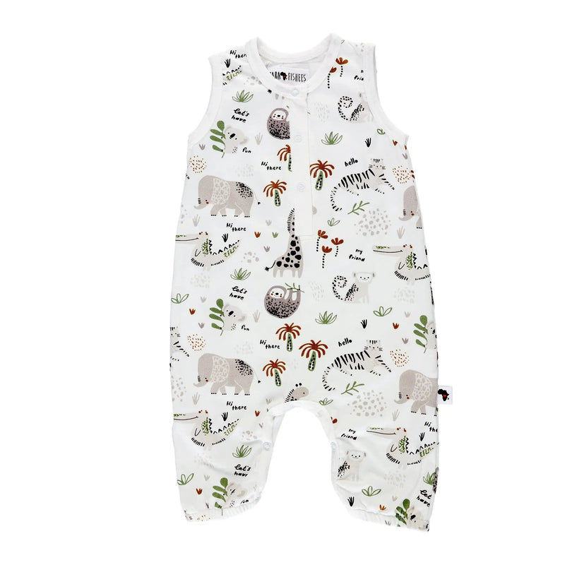 Front view of  a Baby Henley Romper in white with hand-drawn safari animal prints, including elephants, zebras, and giraffes. Features a buttoned chest design, ribbed cotton texture, and snap closures for convenience.