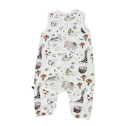 Back view of a Baby Henley Romper in white with hand-drawn safari animal prints, including elephants, zebras, and giraffes. Features a buttoned chest design, ribbed cotton texture, and snap closures for convenience.