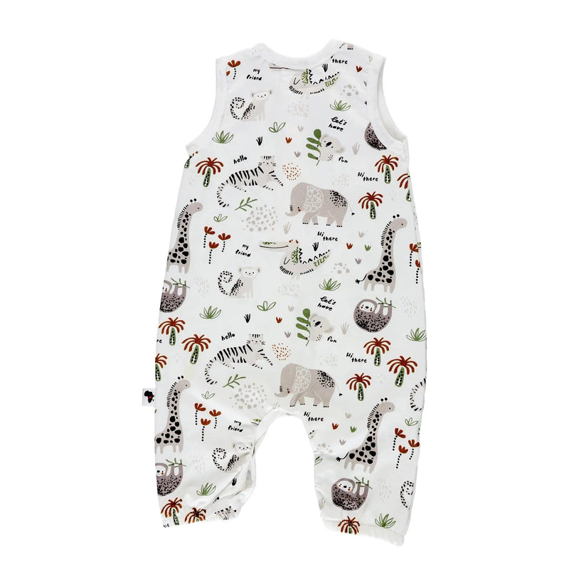 Back view of a Baby Henley Romper in white with hand-drawn safari animal prints, including elephants, zebras, and giraffes. Features a buttoned chest design, ribbed cotton texture, and snap closures for convenience.