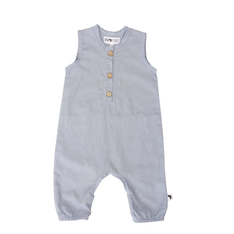 French blue linen–cotton baby romper with coconut buttons – Baba Fishees