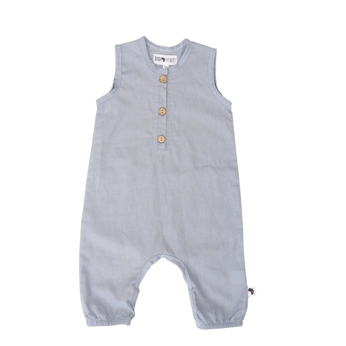 French blue linen–cotton baby romper with coconut buttons – Baba Fishees