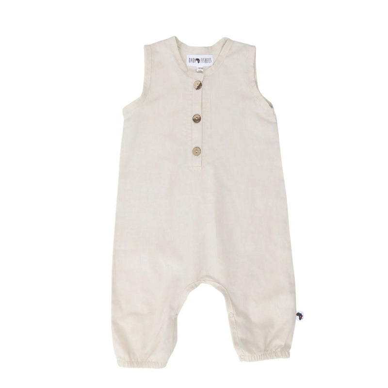 Oatmeal linen–cotton baby romper with coconut buttons – Baba Fishees
