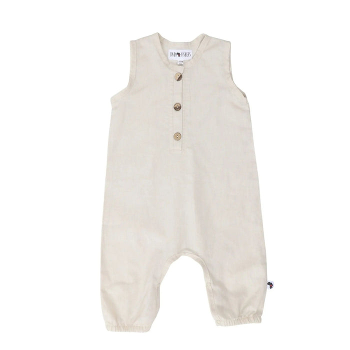 Oatmeal linen–cotton baby romper with coconut buttons – Baba Fishees