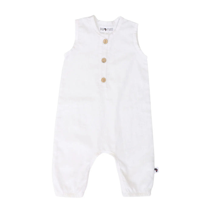 White linen–cotton baby romper with coconut buttons – Baba Fishees