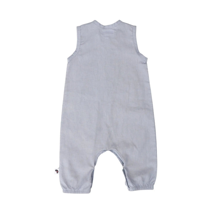 Back view of HENLEY ROMPER - LINEN/COTTON French Blue BABA FISHEES