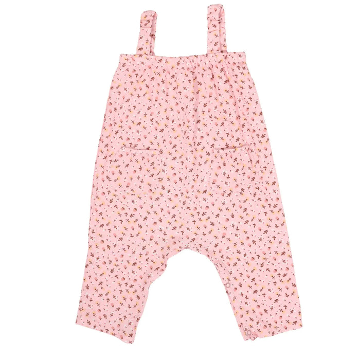 Front view of Pink ditsy floral baby jumpsuit made from rayon viscose with straps and pockets – Baba Fishees