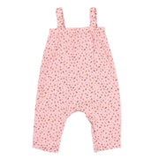 Back view of Pink ditsy floral baby jumpsuit made from rayon viscose with straps and pockets – Baba Fishees