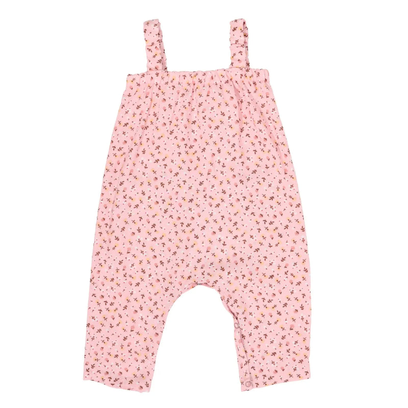 Back view of Pink ditsy floral baby jumpsuit made from rayon viscose with straps and pockets – Baba Fishees