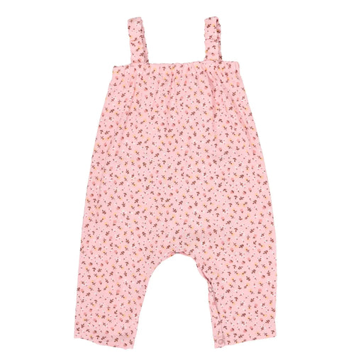 Back view of Pink ditsy floral baby jumpsuit made from rayon viscose with straps and pockets – Baba Fishees