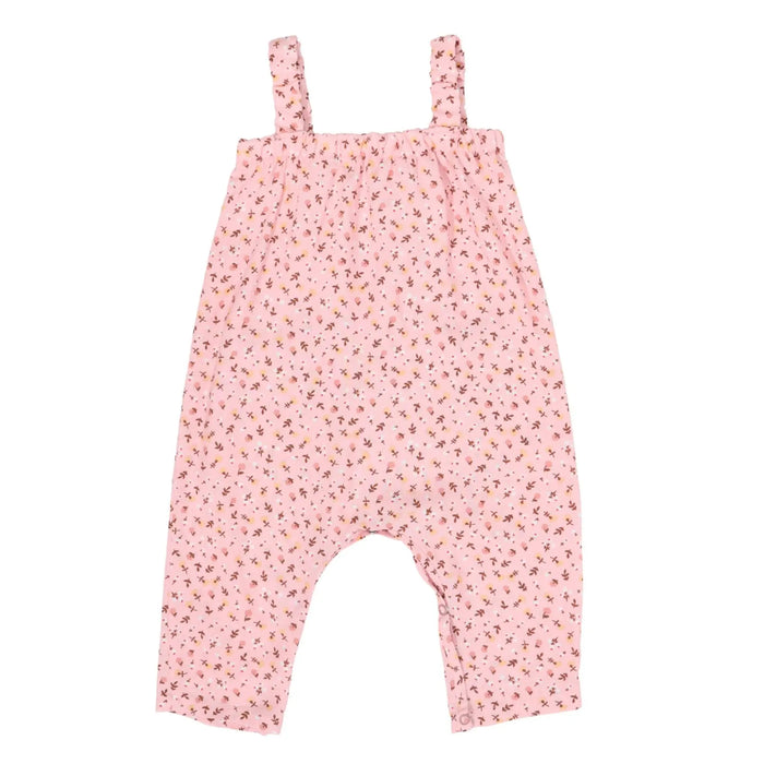 Back view of Pink ditsy floral baby jumpsuit made from rayon viscose with straps and pockets – Baba Fishees