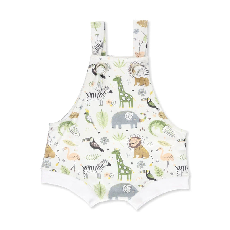 Front view of a White knot dungaree featuring an African plains print with elephants, giraffes, zebras, and trees from BabaFishees