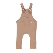 Knot Dungarees Long Leg in Mocha waffle weave cotton with knotted straps, front pocket, and relaxed fit for easy layering.