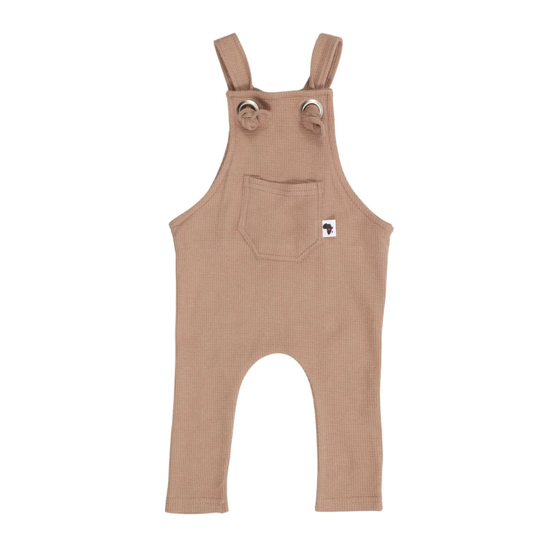 Knot Dungarees Long Leg in Mocha waffle weave cotton with knotted straps, front pocket, and relaxed fit for easy layering.