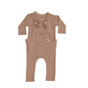 Knot Dungarees Long Leg in Mocha waffle weave cotton with knotted straps, front pocket, and relaxed fit for easy layering with Long sleeved Mocca coloured Waffle Weave tee shirt underneath.