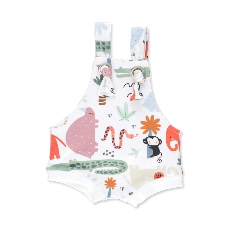 Front view of a White knot dungaree featuring a playful safari print with  crocodiles, monkeys, snakes and rust-coloured elephants from BabaFishees