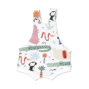 Back view of a White knot dungaree featuring a playful safari print with  crocodiles, monkeys, snakes and rust-coloured elephants from BabaFishees
