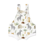 Back view of White knot dungaree featuring a fun zebra-themed print with elephants, cheetahs and tortoises from BabaFishees