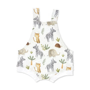 Back view of White knot dungaree featuring a fun zebra-themed print with elephants, cheetahs and tortoises from BabaFishees