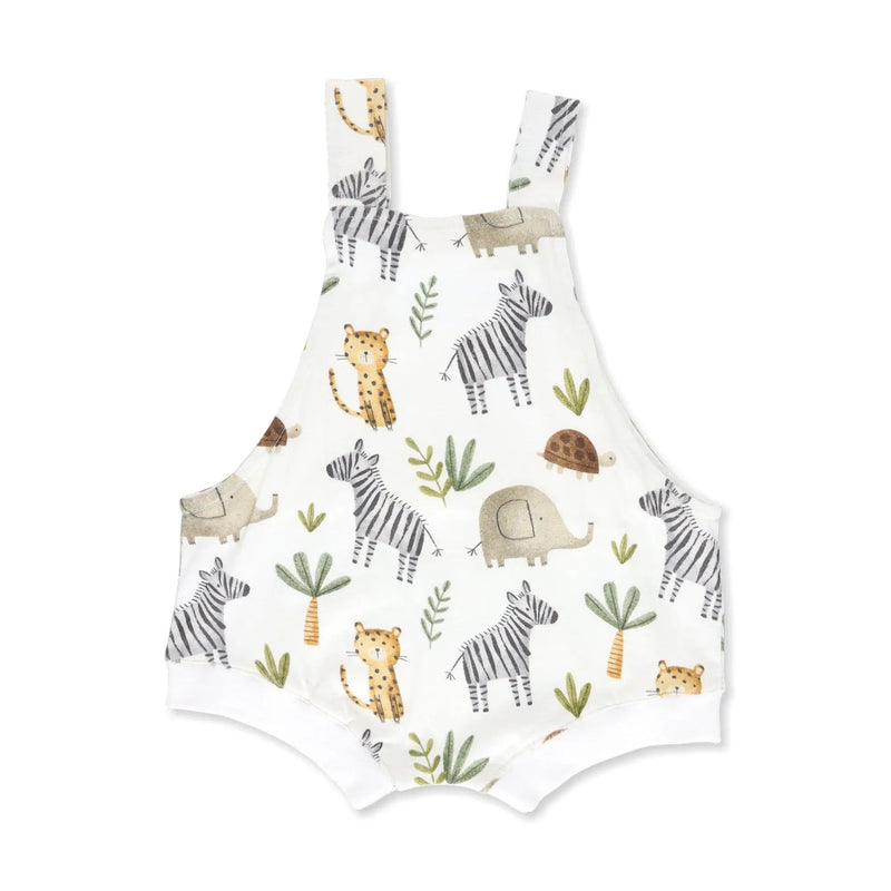Back view of White knot dungaree featuring a fun zebra-themed print with elephants, cheetahs and tortoises from BabaFishees