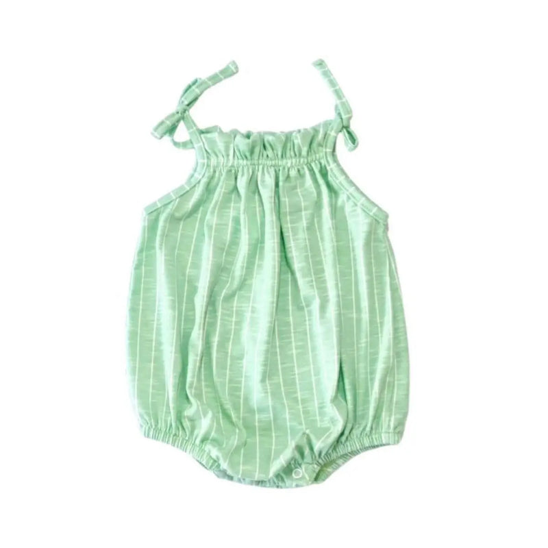 A baby romper featuring a green and white stripe pattern with adjustable tie straps, an elasticated neckline, and snap closures for easy nappy changes, made from lightweight cotton.