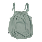 Back of Lola Romper waffle weave in Sage green baby romper with tie straps and bubble fit – Baba Fishees