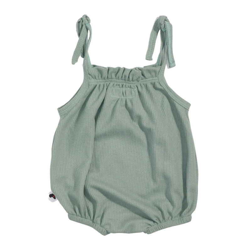 Back of Lola Romper waffle weave in Sage green baby romper with tie straps and bubble fit – Baba Fishees