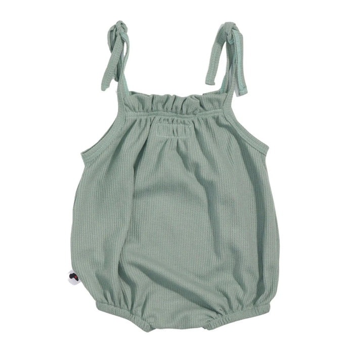 Back of Lola Romper waffle weave in Sage green baby romper with tie straps and bubble fit – Baba Fishees