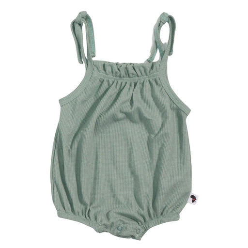Lola Romper waffle weave in Sage green baby romper with tie straps and bubble fit – Baba Fishees